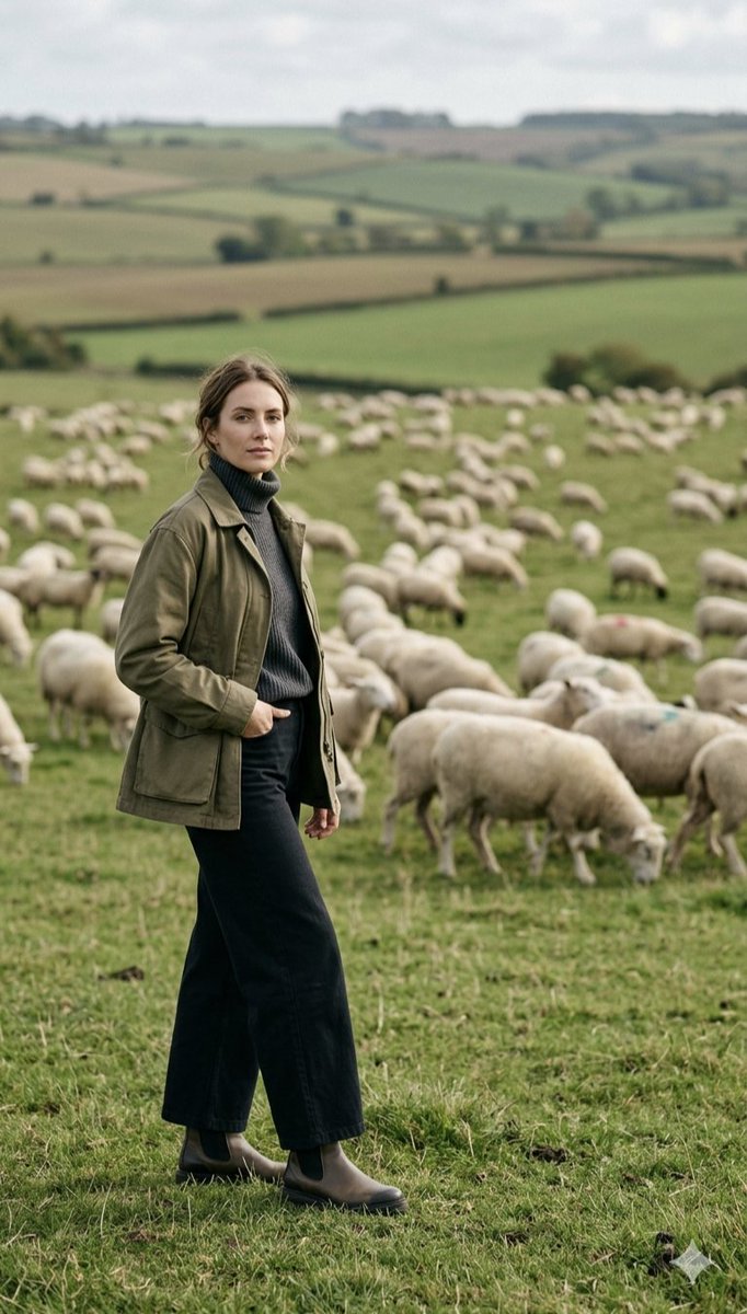 Pastoral Full-Body Portrait in Sheep Pasture — example 1