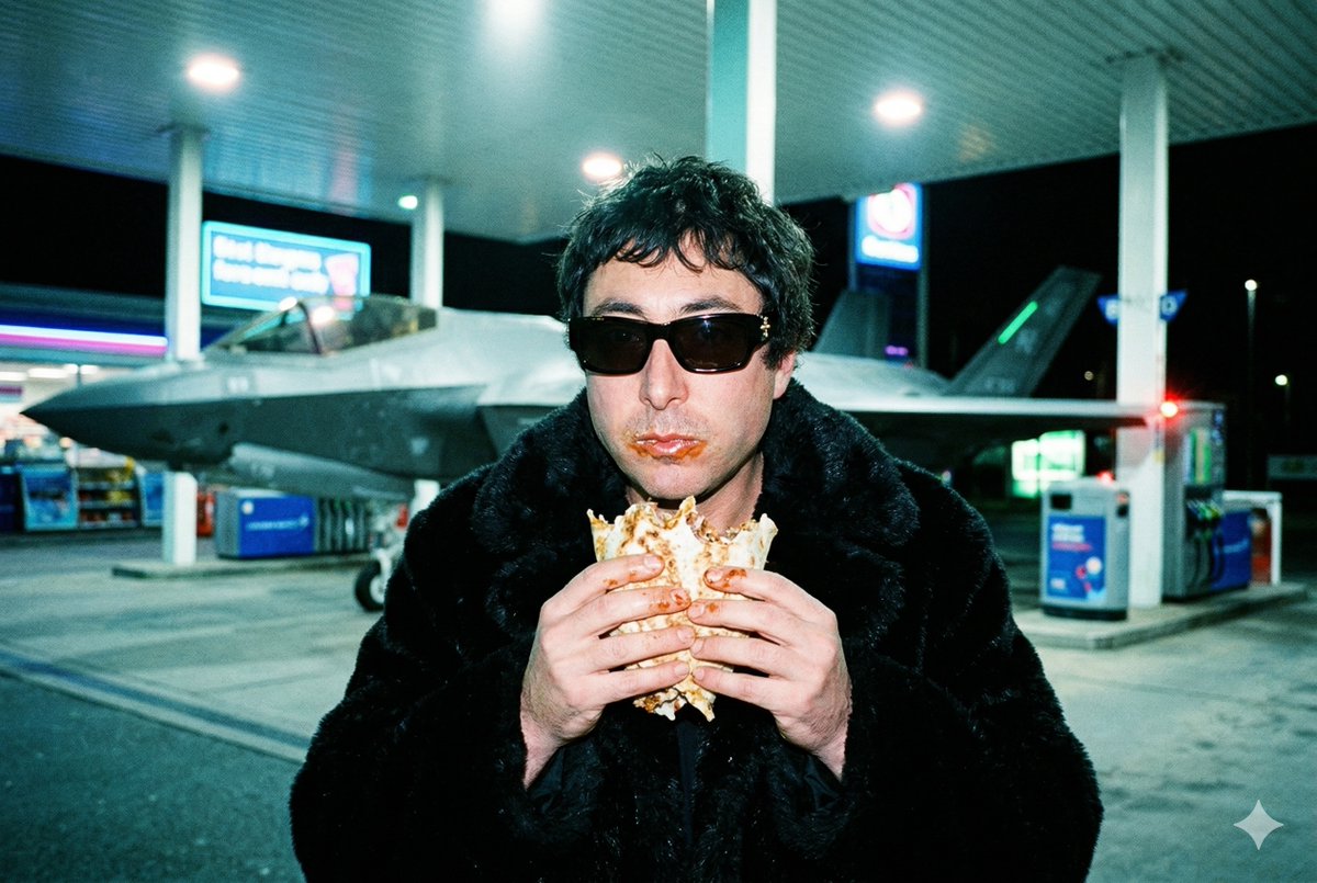 Grainy Paparazzi Snapshot of Man Eating Kebab at Gas Station with F-35 Jet — example 1