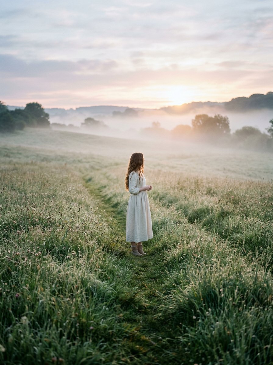 Cinematic Wide Shot of Girl in Dewy Meadow at Sunrise — example 1