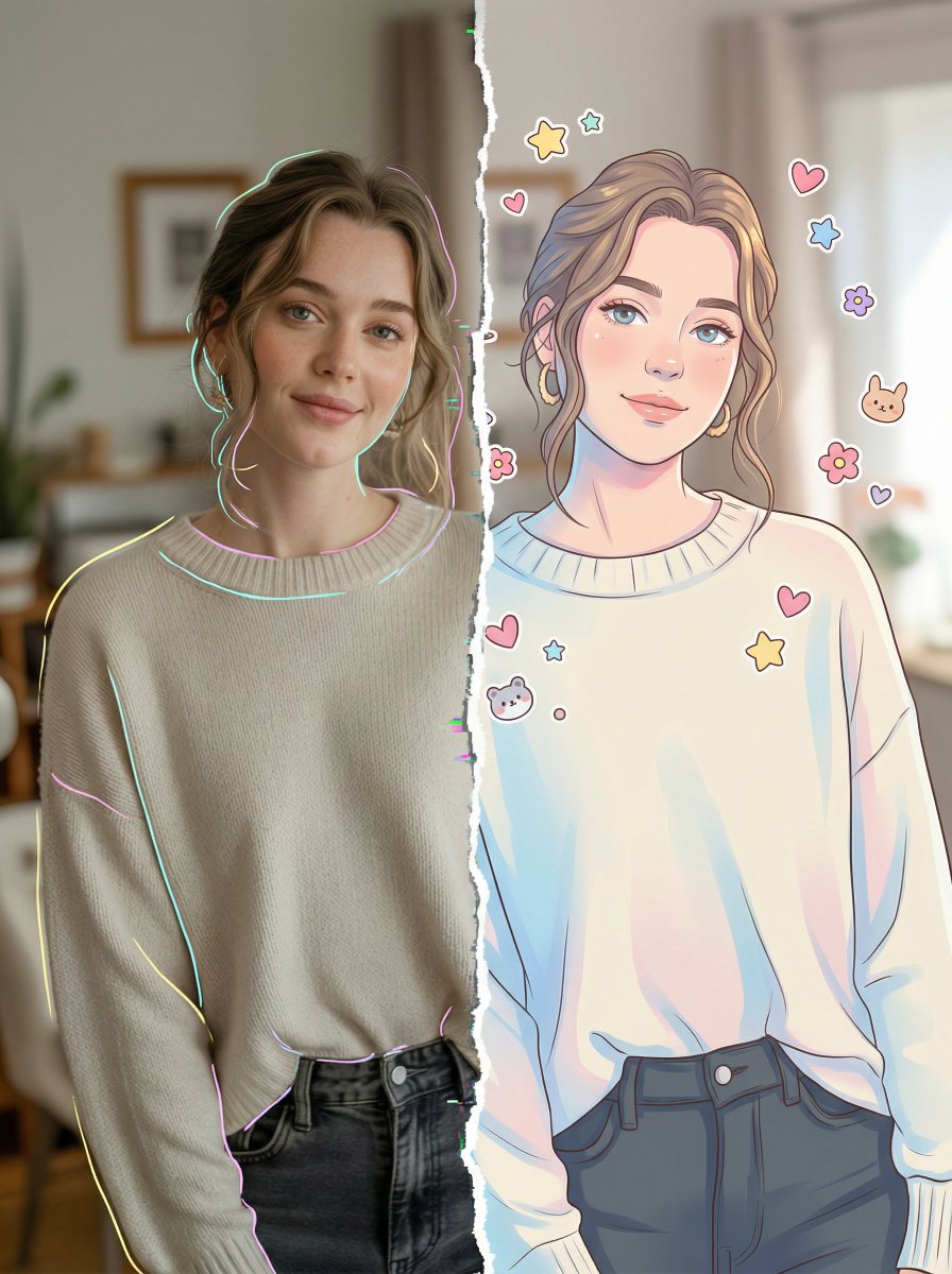 Split-Style Portrait: Photo vs. Digital Illustration