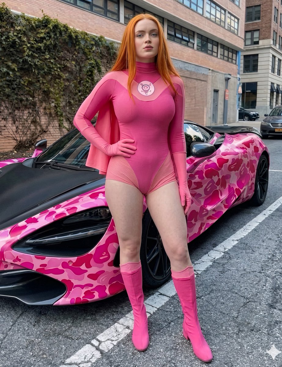 Superhero Bodysuit on Sports Car Hood (Prompt 2) — example 1