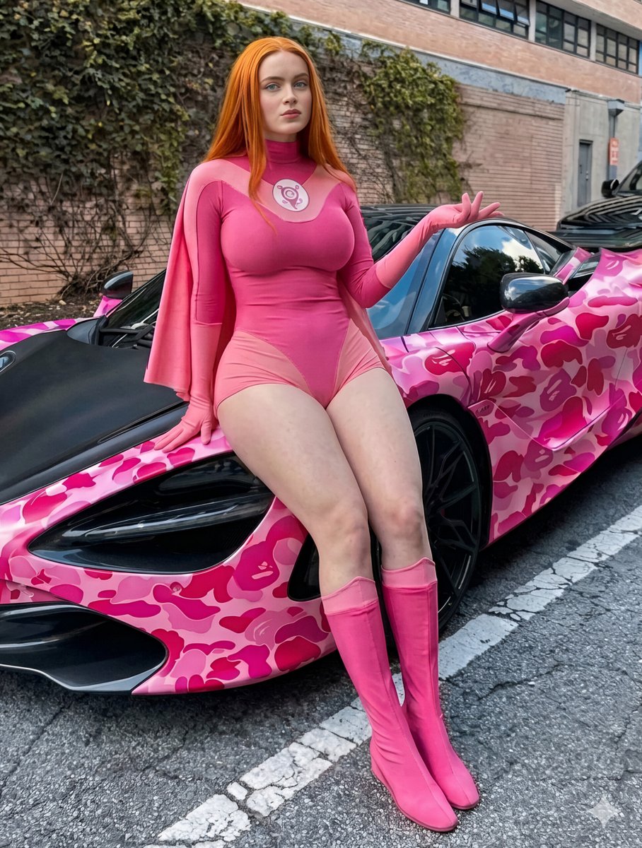 Superhero Bodysuit on Sports Car Hood (Prompt 2) — example 2