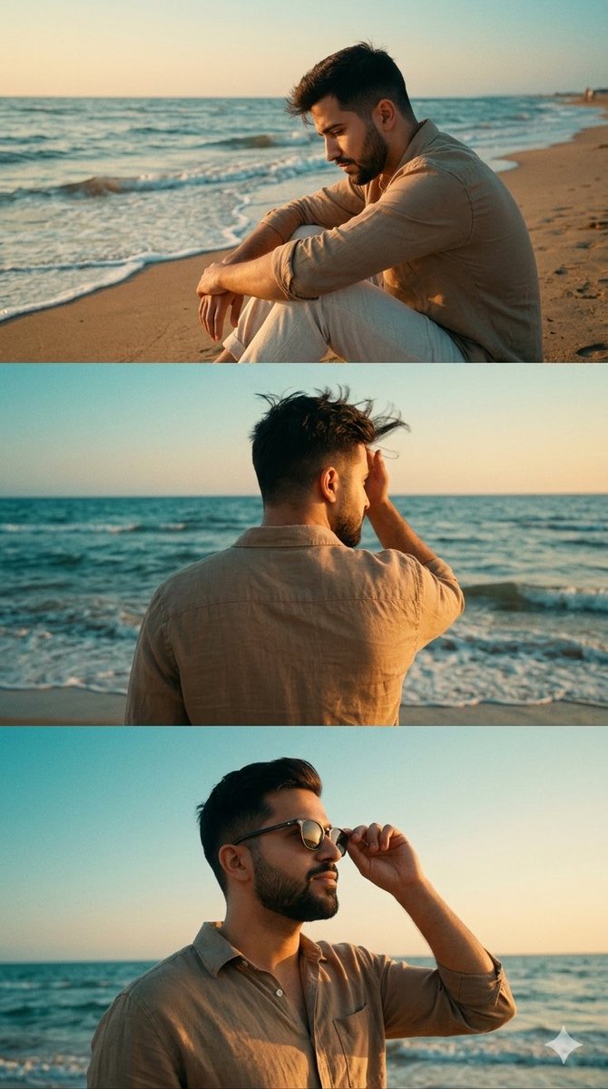 Cinematic Vertical Collage of a Stylish Man at the Beach — example 1