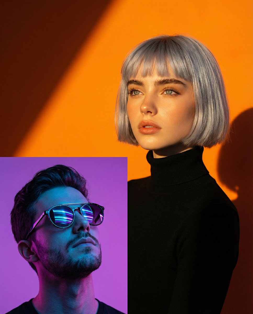 Two Dramatic Portraits: Neon Man and Golden Hour Woman — example 1