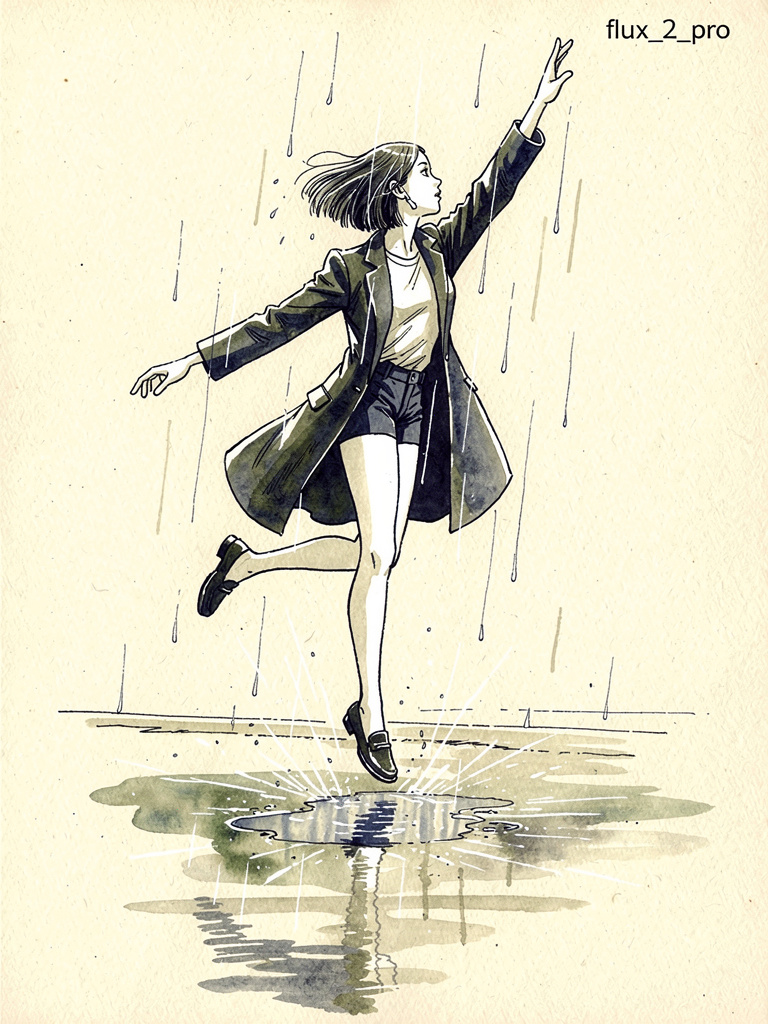 Ink pen style illustration of a woman jumping in the rain — example 1