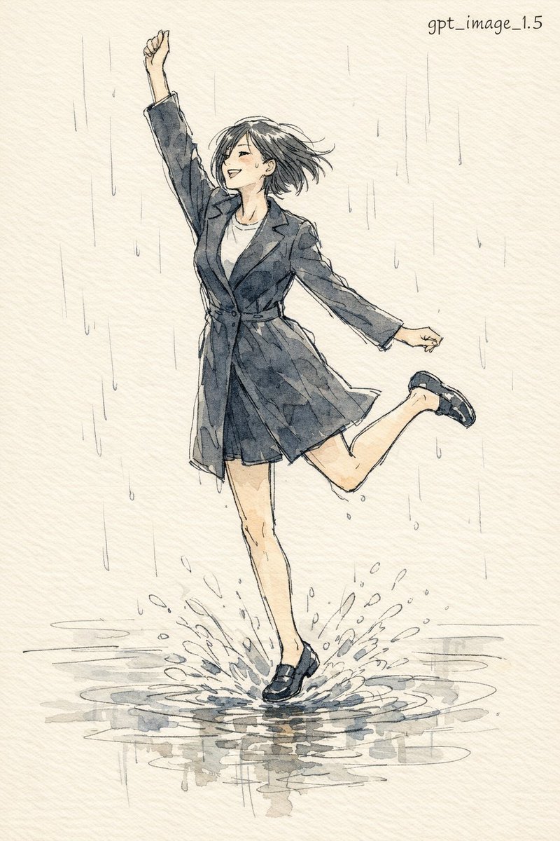 Ink pen style illustration of a woman jumping in the rain — example 2