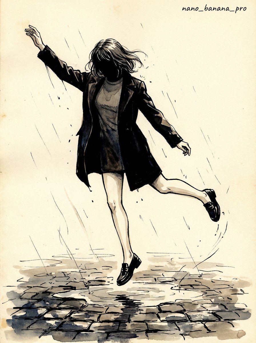 Ink pen style illustration of a woman jumping in the rain — example 3