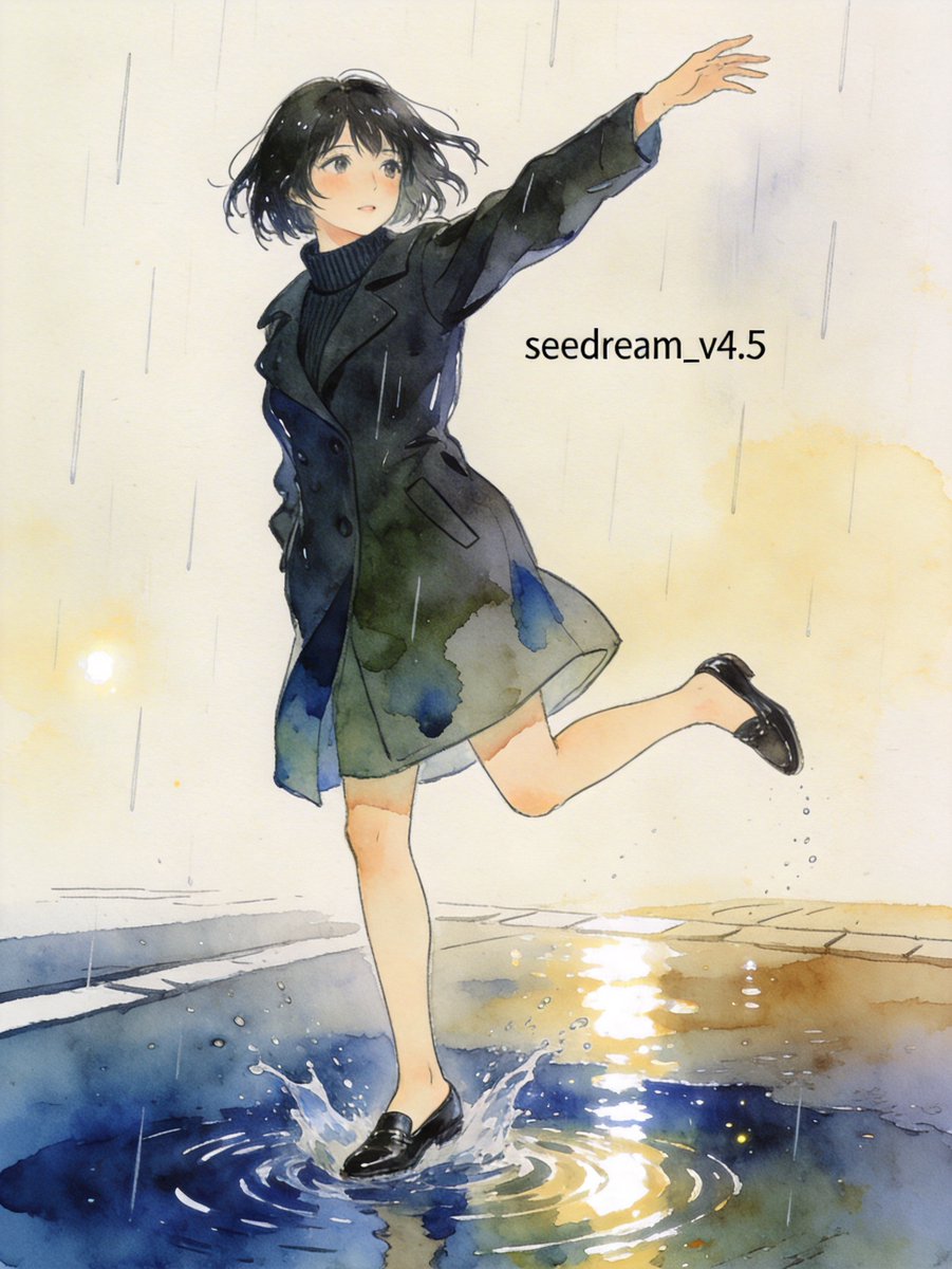 Ink pen style illustration of a woman jumping in the rain — example 4