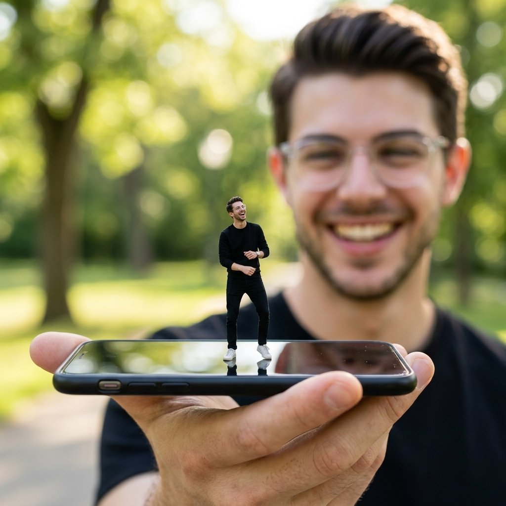 Forced Perspective Miniature Self on Smartphone Screen — example 1