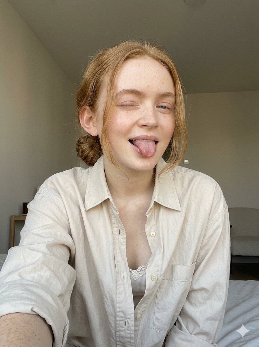Photorealistic Candid Selfie with Playful Expression — example 1