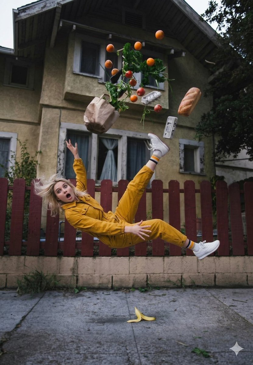 Cinematic Surreal Moment: Woman Falling with Exploding Grocery Bag