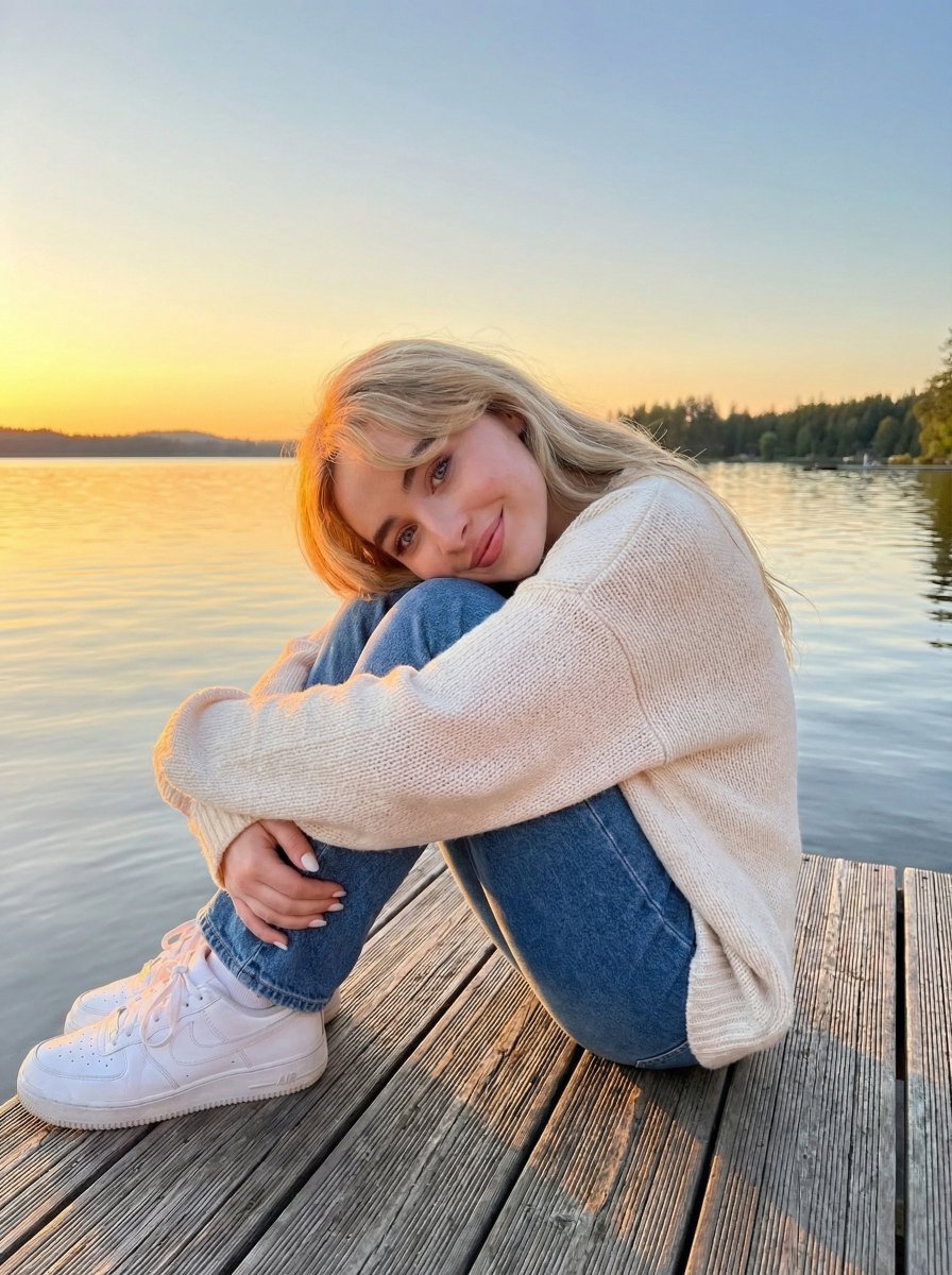 Golden Hour Sunset Portrait on a Lakeside Dock — example 1