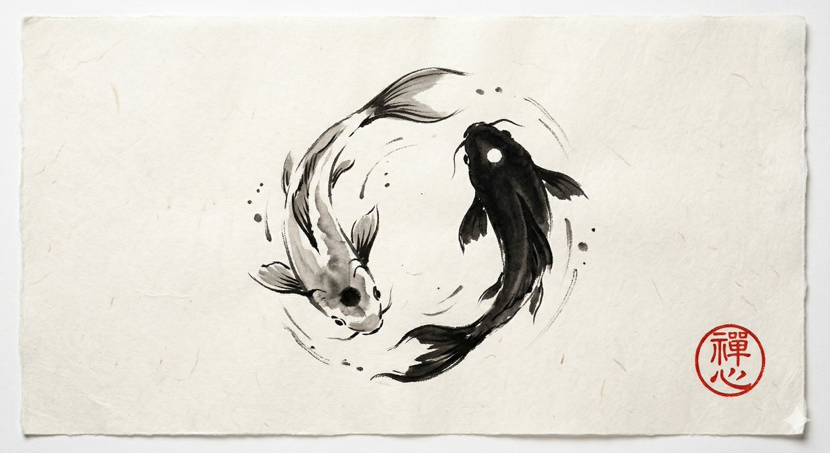 Yin and Yang Koi Fish Sumi-e Prompt — example 1