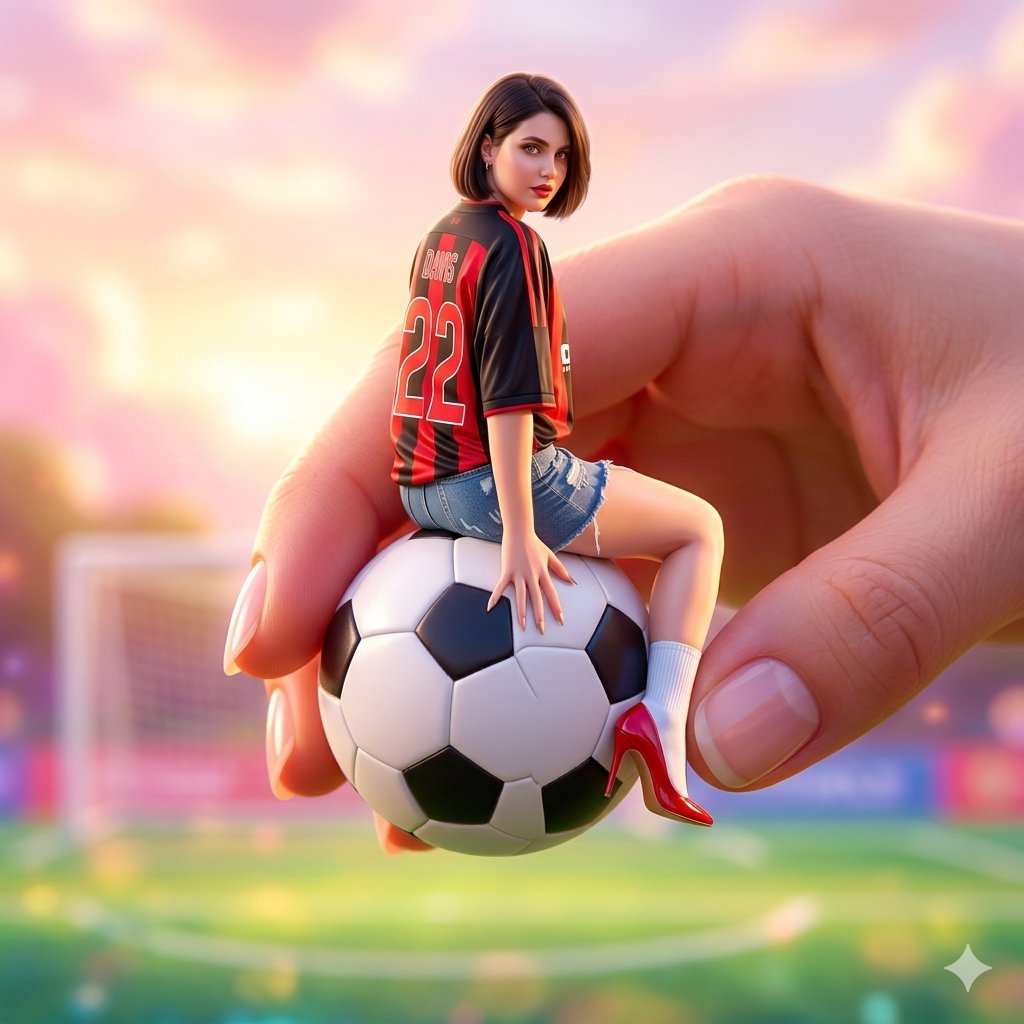 Miniature Fashionable Girl on Soccer Ball — example 1