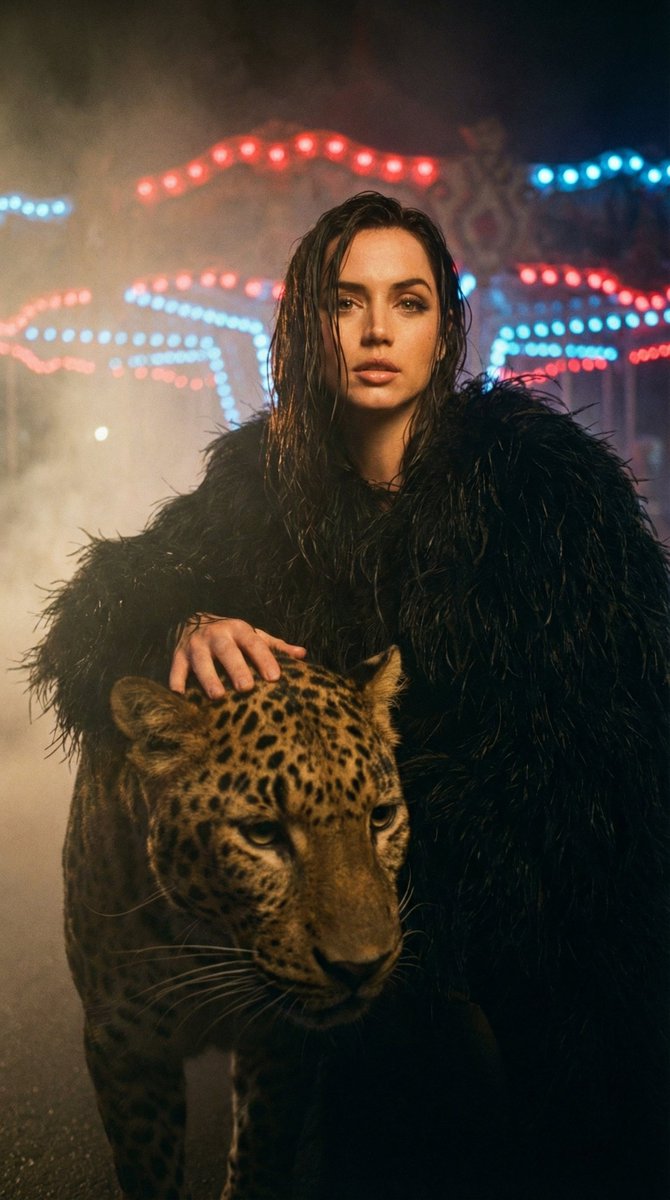 Cinematic Portrait Prompt with Leopard Interaction for Nano Banana Pro — example 1