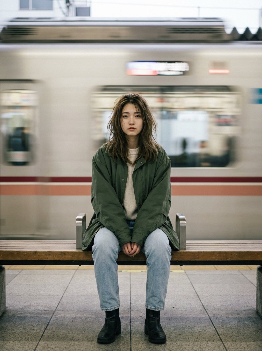 Cinematic Portrait of a Woman on a Train Platform — example 2