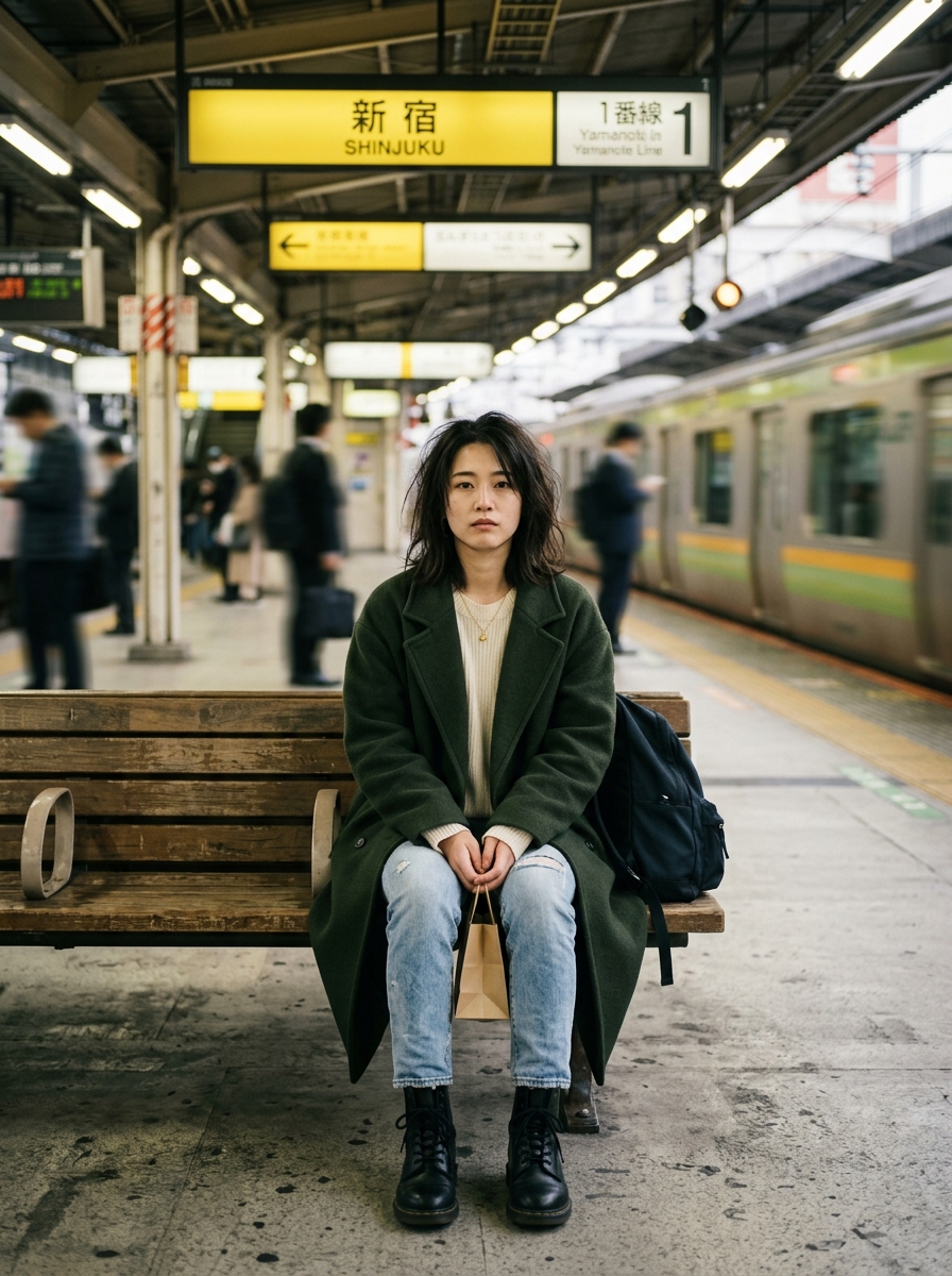 Cinematic Portrait of a Woman on a Train Platform — example 4