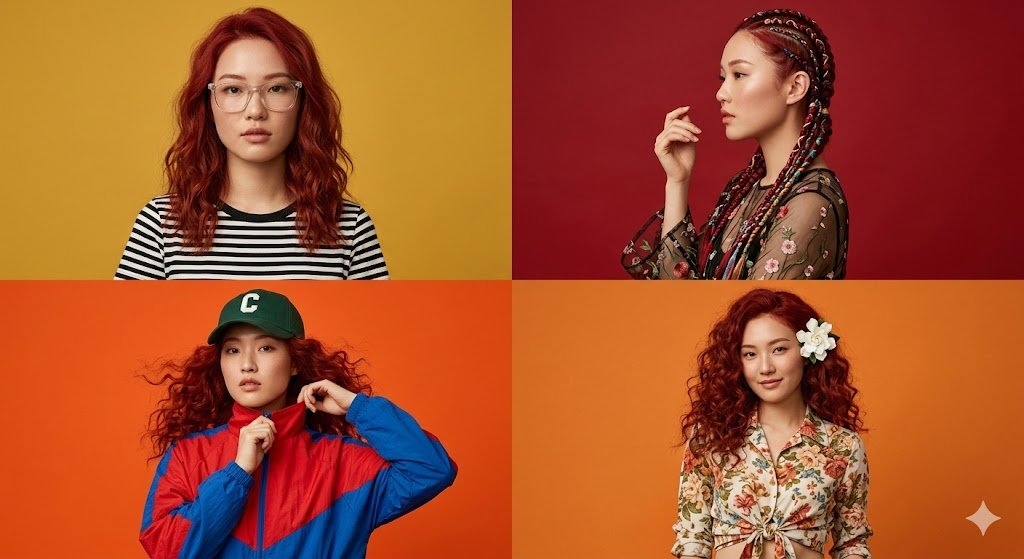 Four-Panel Fashion Collage of a Woman with Red Hair