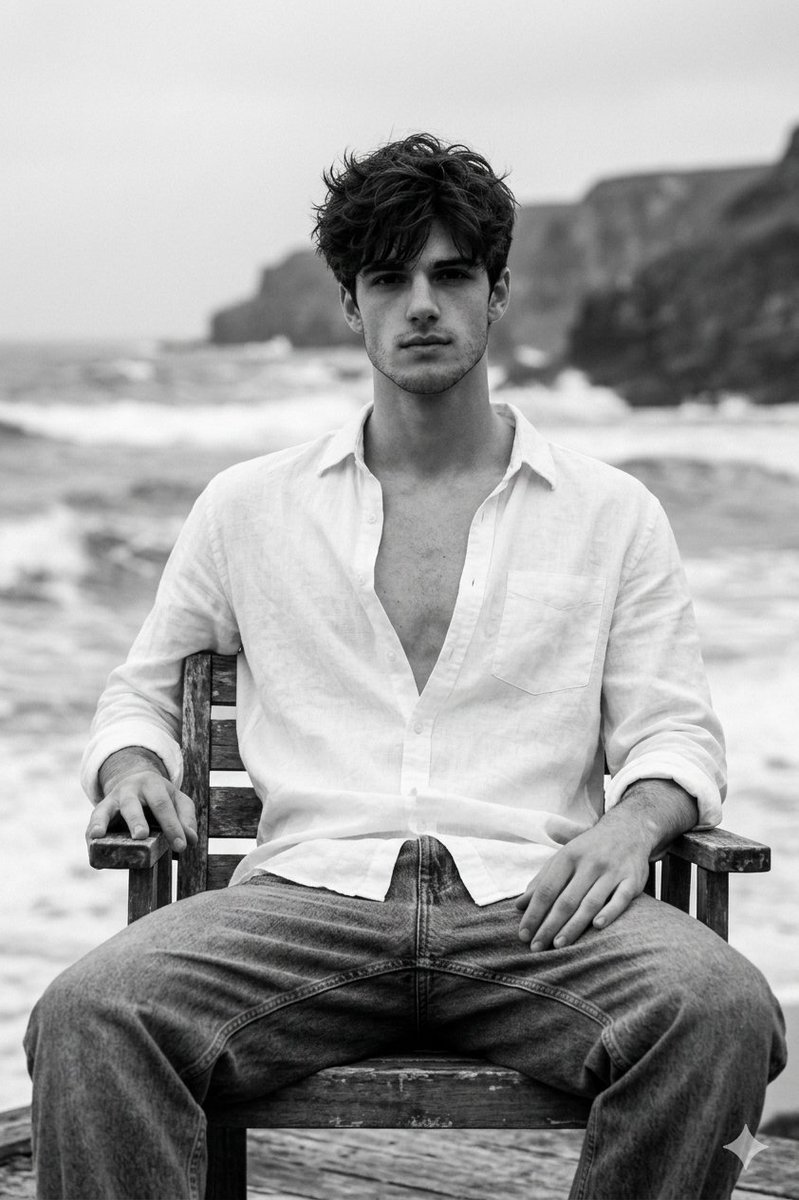 Black and White Portrait of Man by the Seashore — example 1