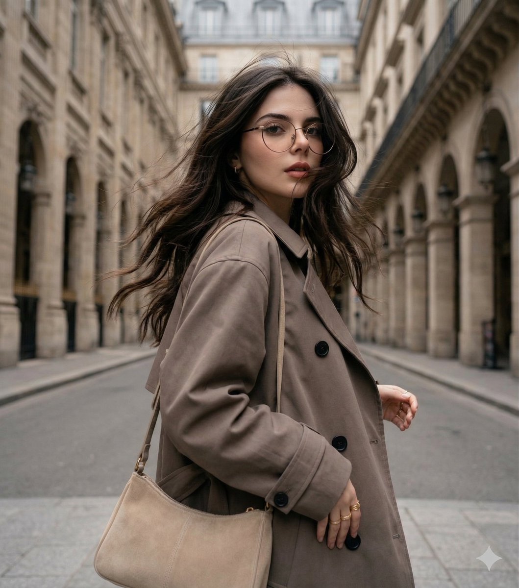 Windswept woman in a trench coat in a European street — example 1