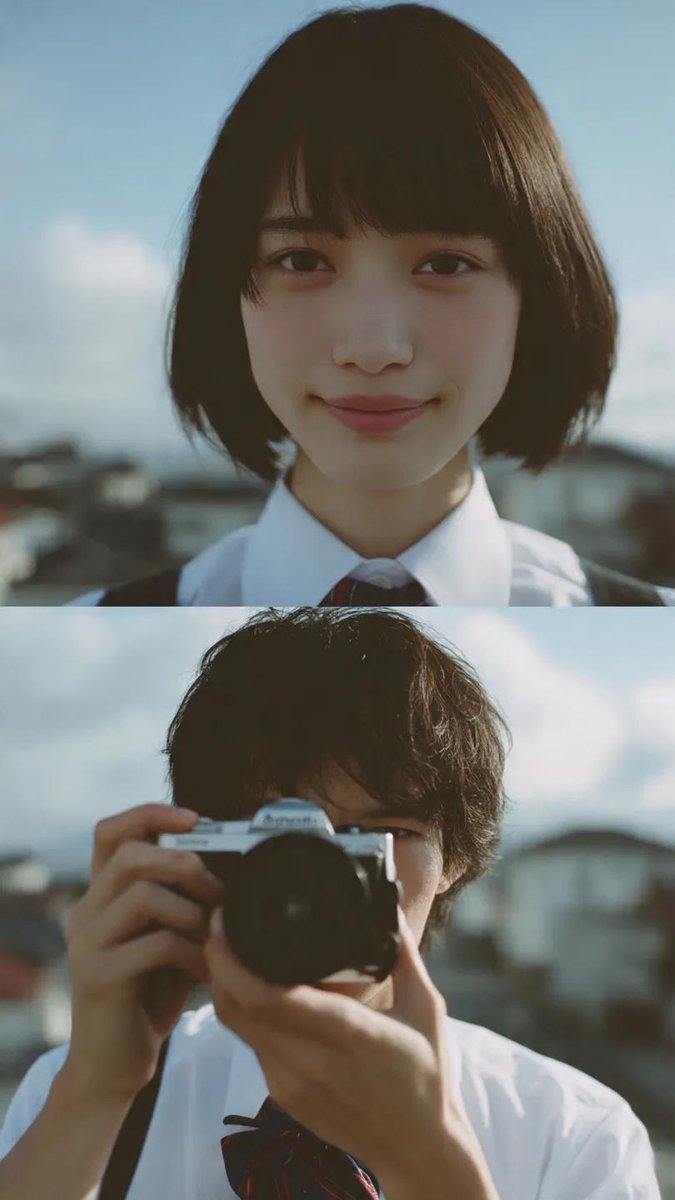 Cinematic diptych of teenagers on a rooftop — example 1