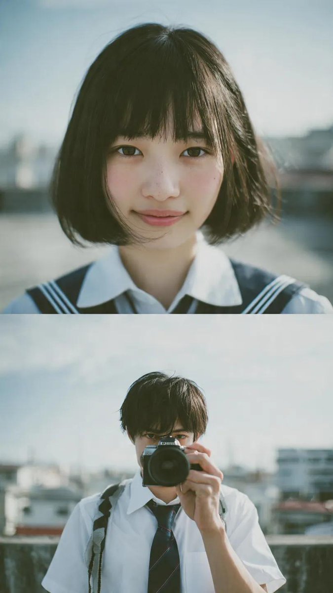 Cinematic diptych of teenagers on a rooftop — example 2