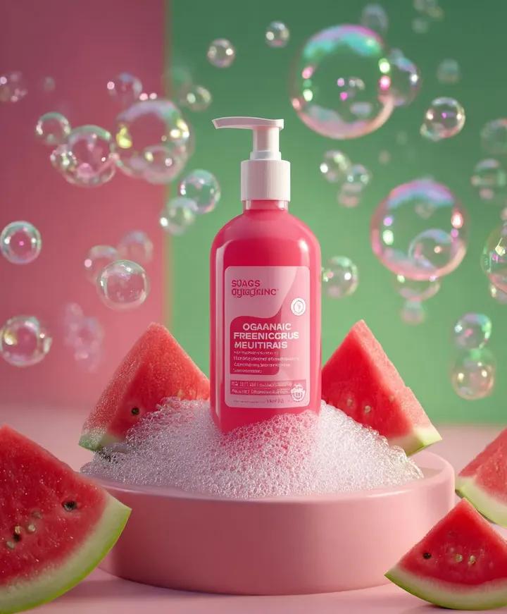 Skincare product advertisement with watermelon and bubbles — example 1