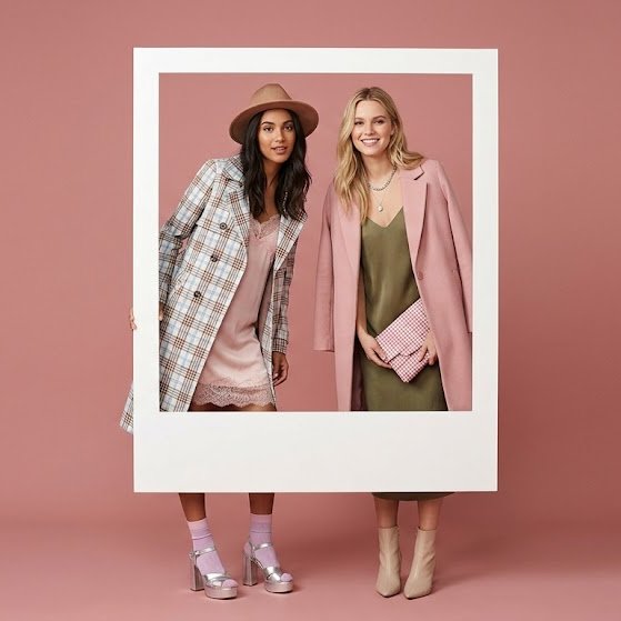 Fashion editorial with two models in a polaroid frame — example 1
