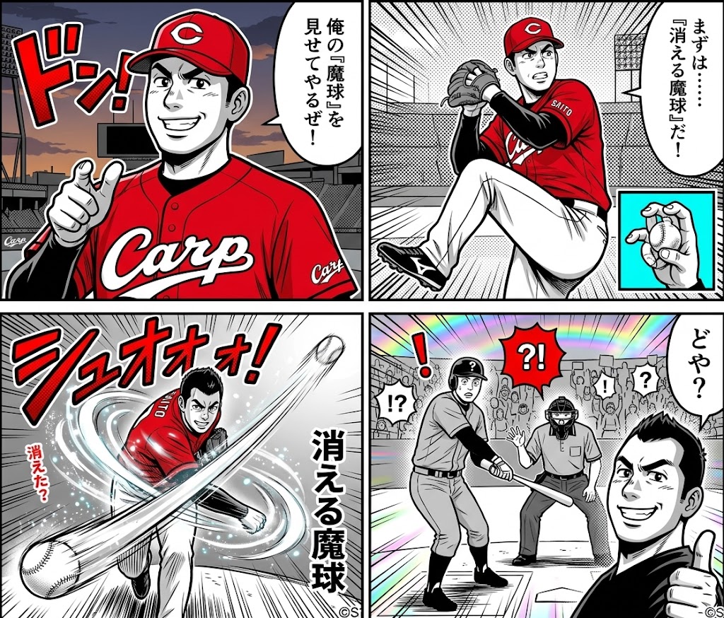AI-generated 4-panel manga: The Vanishing Magic Ball — example 1