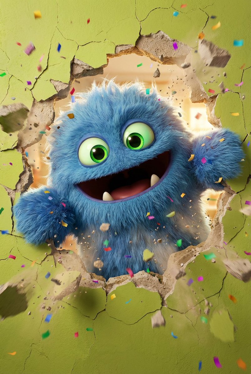 3D Fluffy Monster Bursting Through Wall — example 1