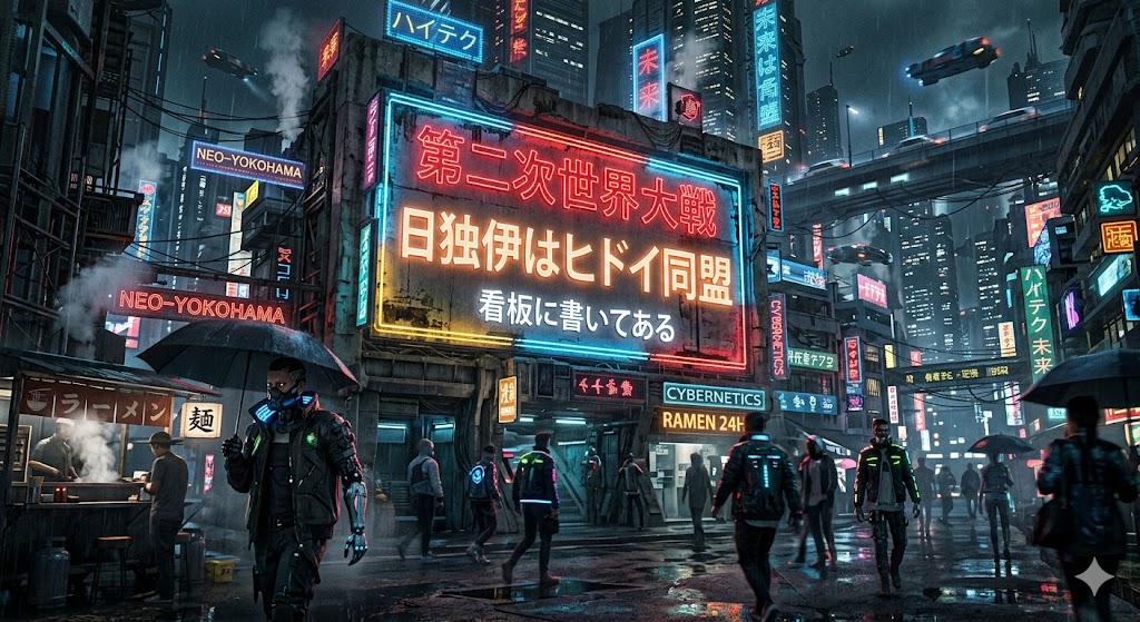 Cyberpunk World War II Signboard — example 1