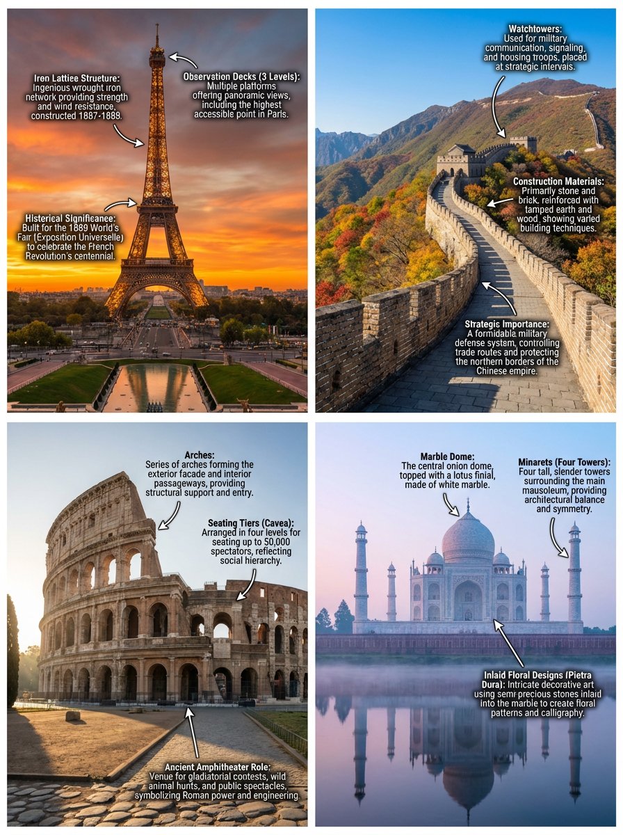 Annotated landmark images of Eiffel Tower, Great Wall, Colosseum, Taj Mahal — example 1