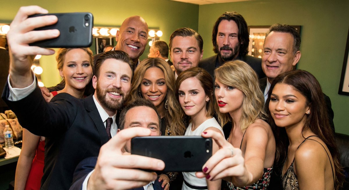 Selfie of multiple celebrities — example 1