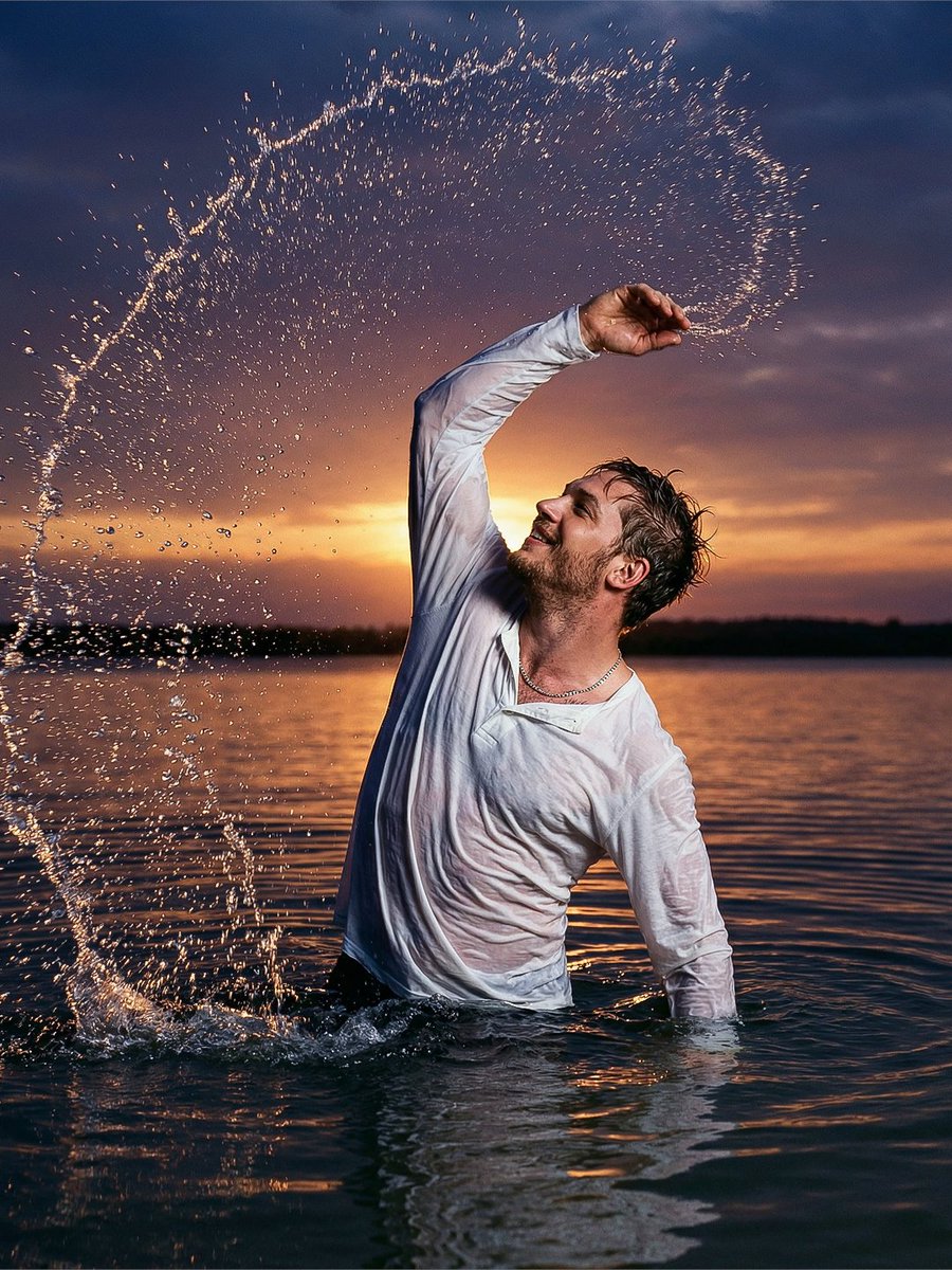 Cinematic Sunset Water Splash Portrait — example 1