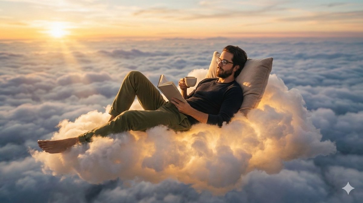 Person relaxing on glowing cloud above the sky — example 1