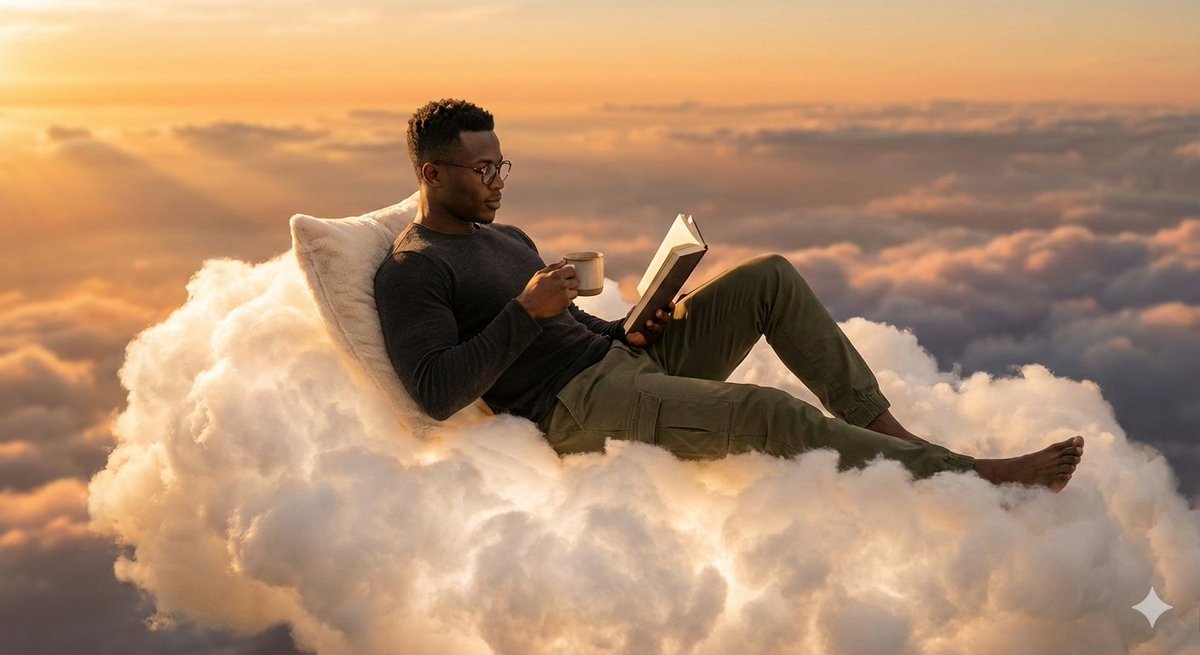 Person relaxing on glowing cloud above the sky — example 2