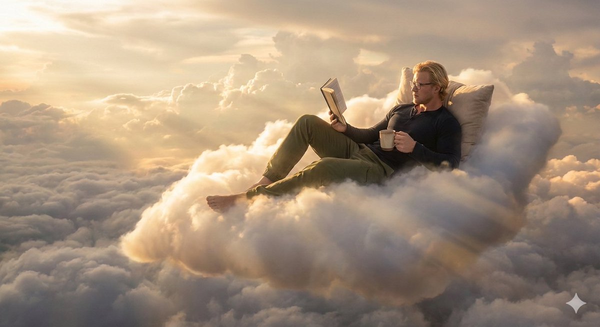 Person relaxing on glowing cloud above the sky — example 3