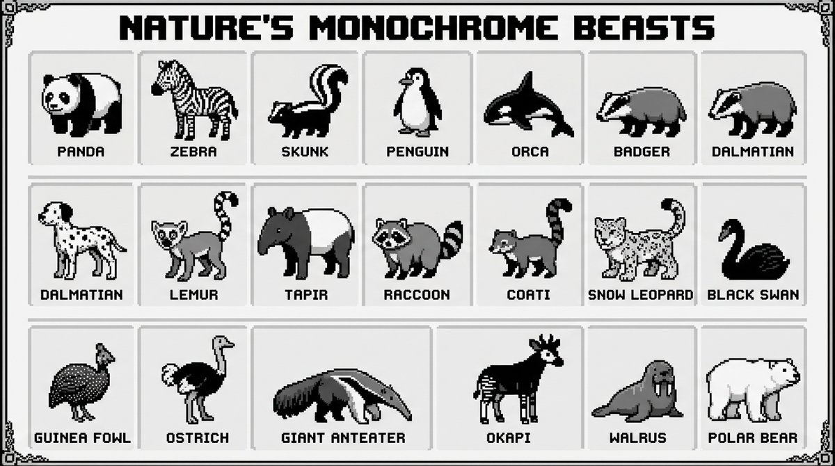 16-bit pixel art poster of black-and-white animals — example 1