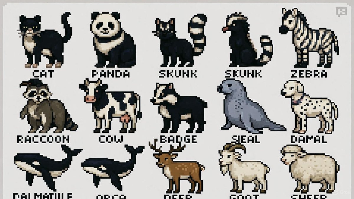 16-bit pixel art poster of black-and-white animals — example 2