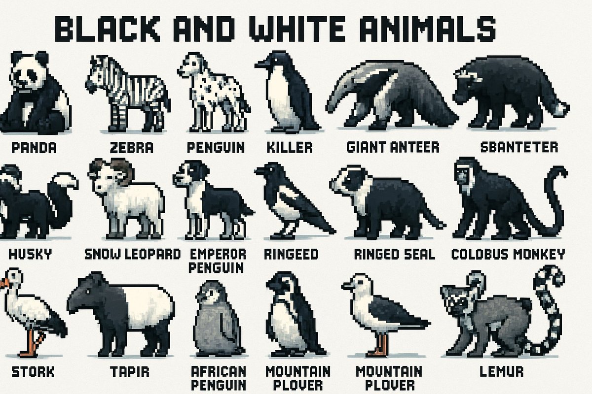 16-bit pixel art poster of black-and-white animals — example 4