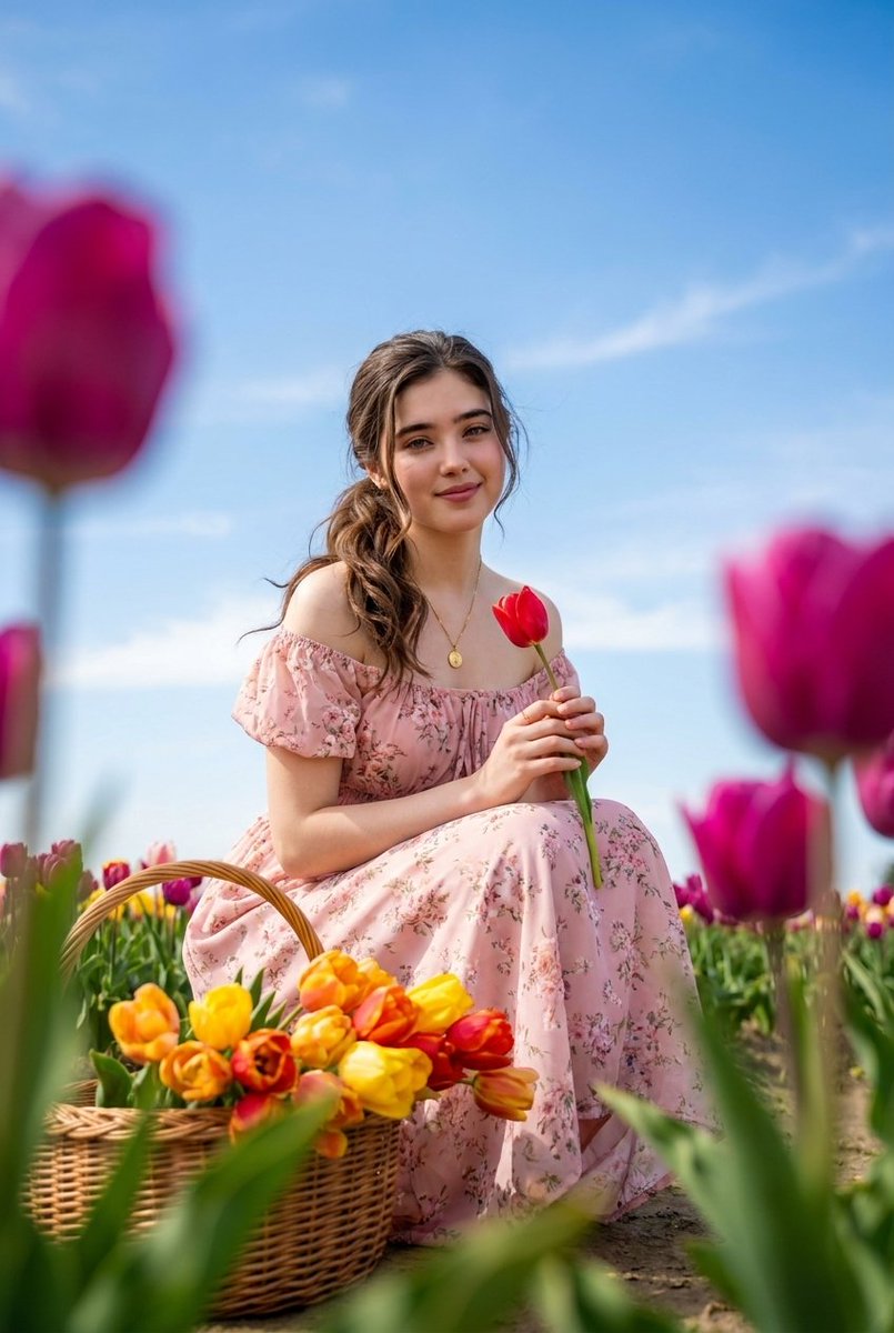 Brunette Woman in Tulip Field Portrait — example 1