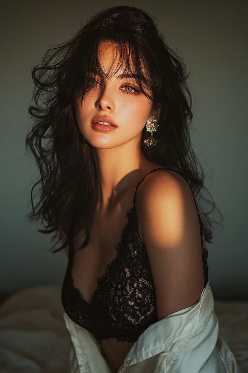 Golden hour portrait of a woman in black lace dress — example 1