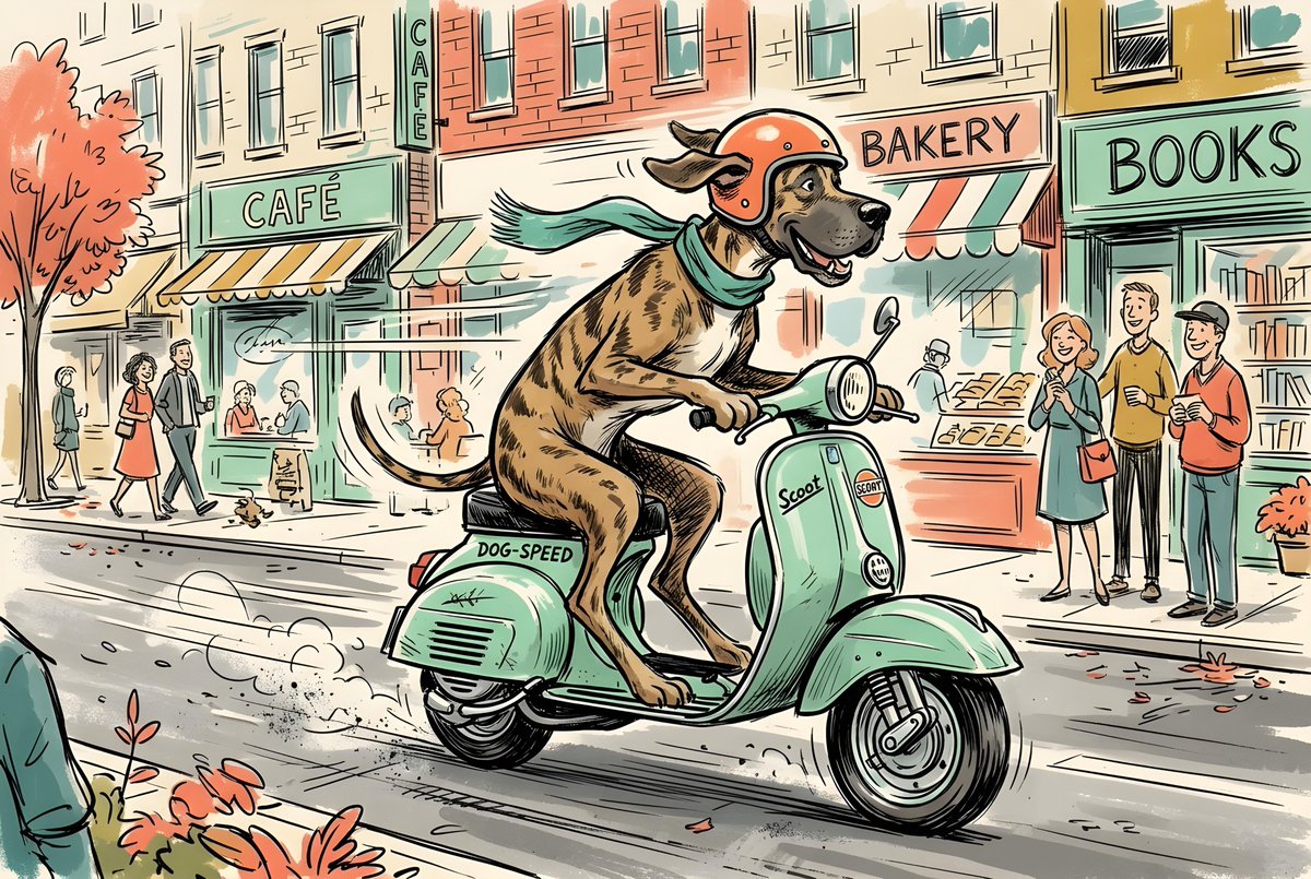 Sketchy Illustration of Dog on Scooter — example 1