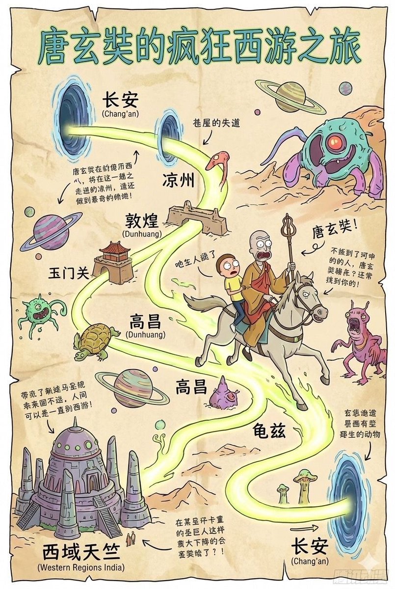 Tang Xuanzang journey route in Rick and Morty style — example 1
