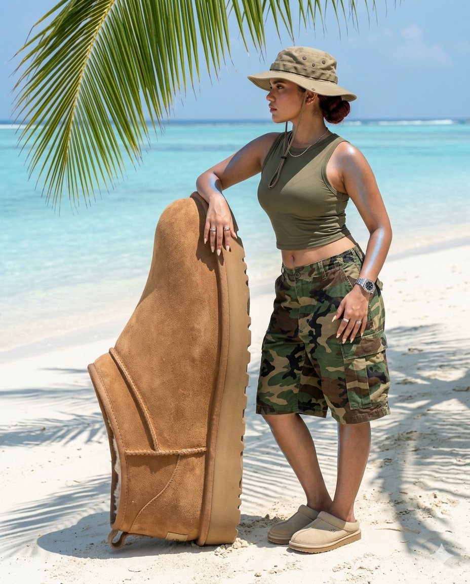 Surreal beach giant boot sculpture — example 1