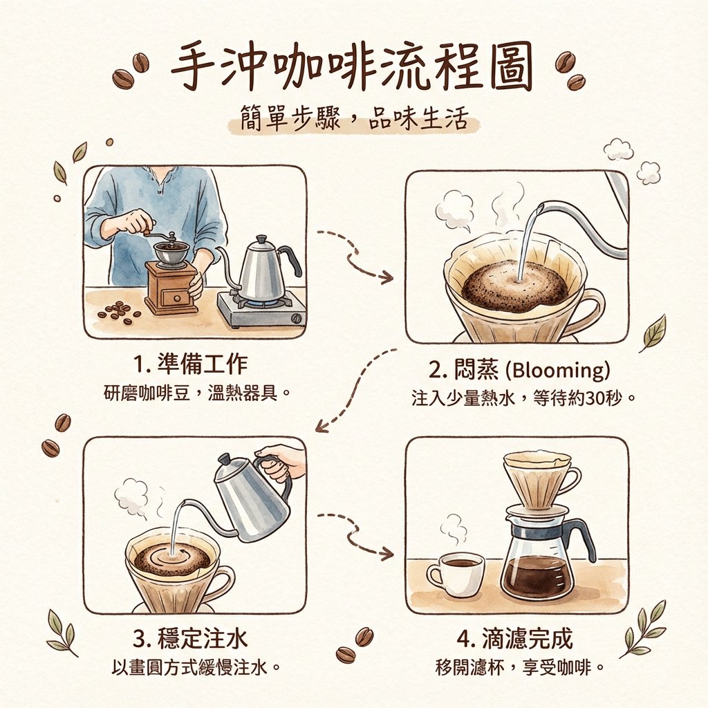 Hand drip coffee flowchart in Japanese magazine style — example 1