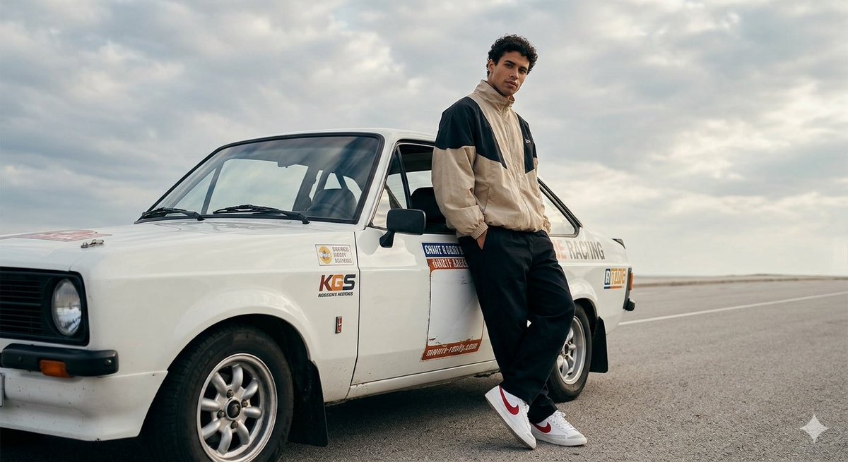 Casual Portrait with Vintage Rally Car — example 1