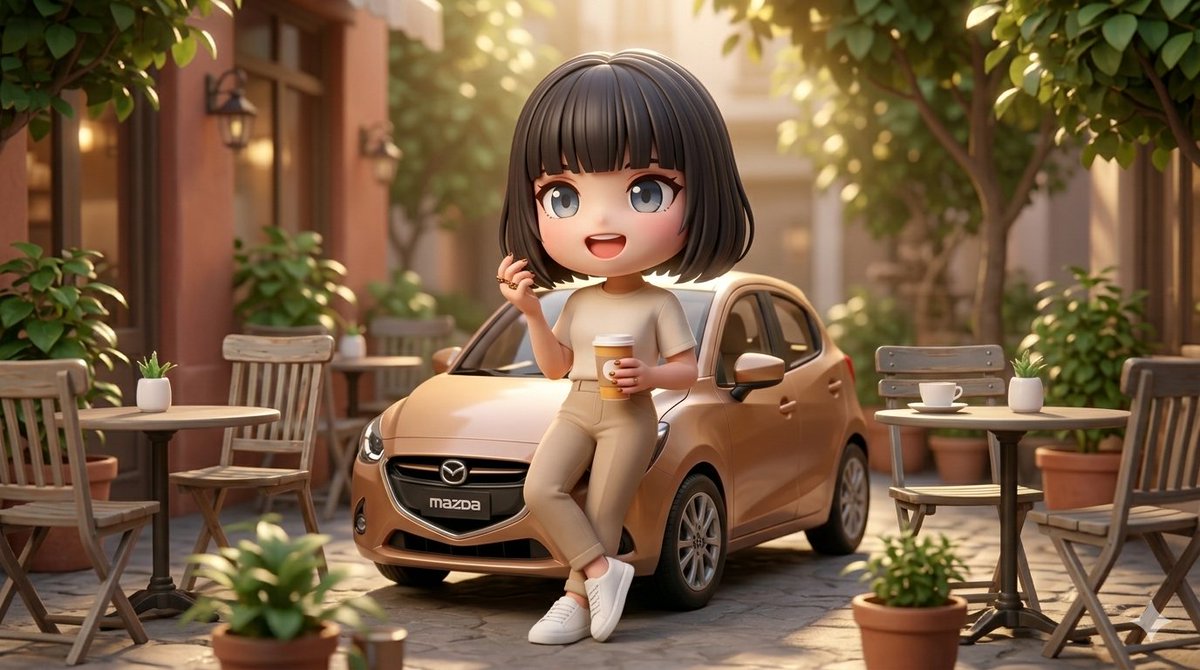 3D Stylized Woman with Mazda Hatchback — example 1