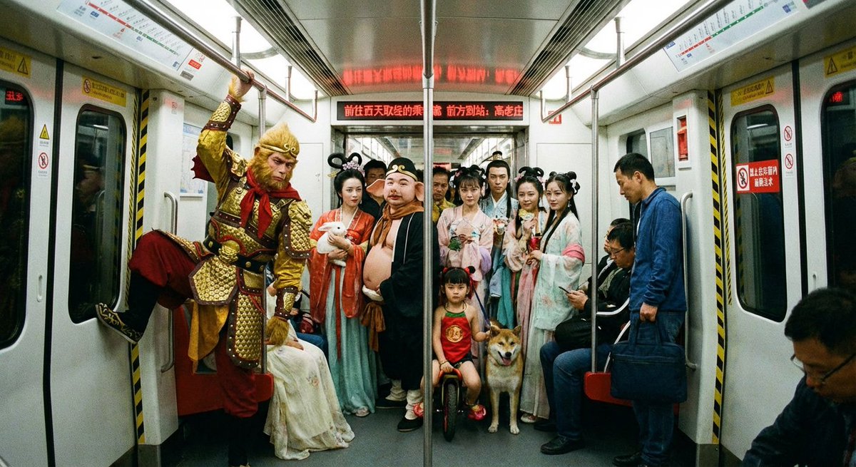 Mythical characters on a crowded Beijing subway — example 1