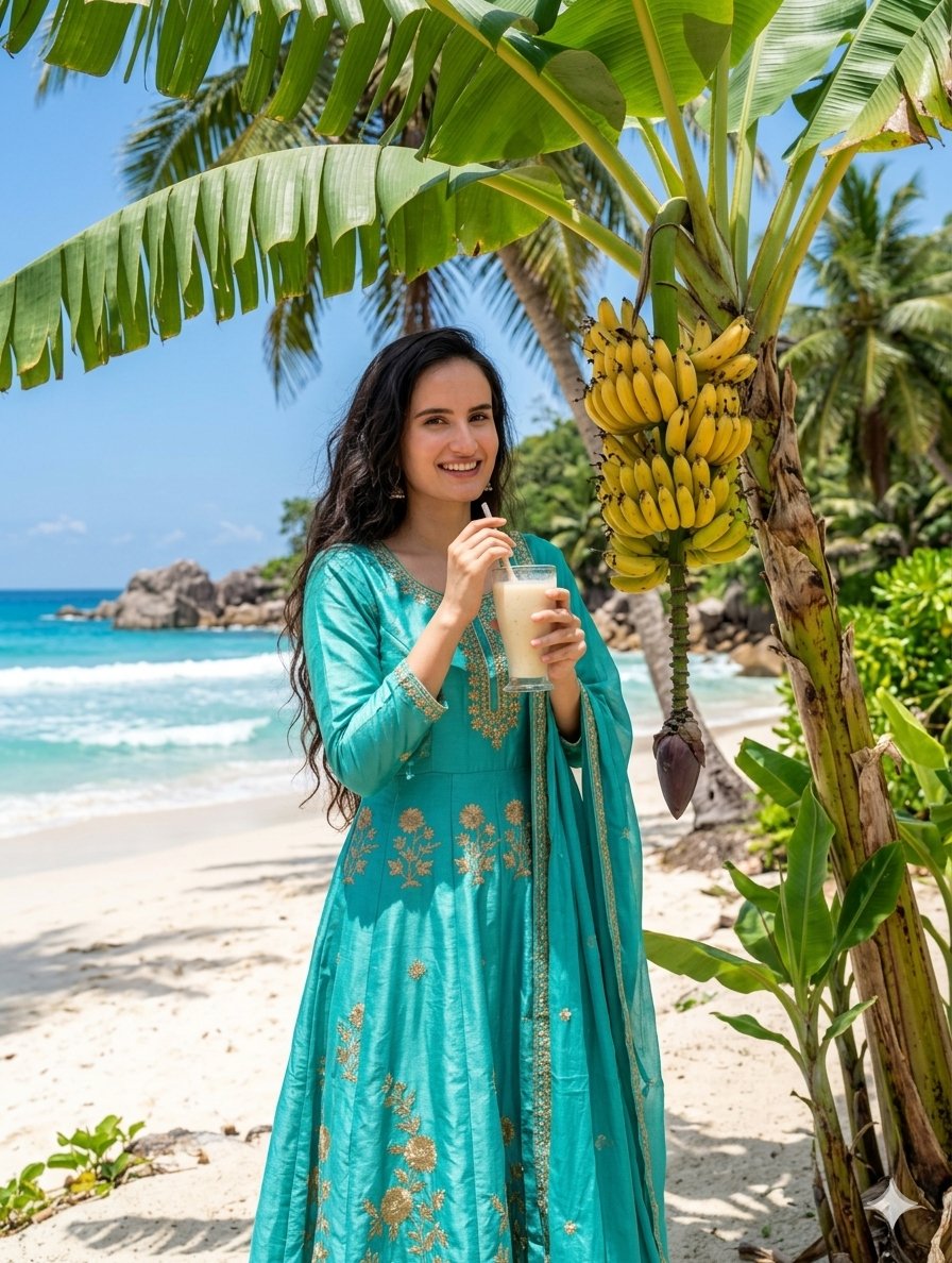Indian Woman Drinking Banana Milkshake